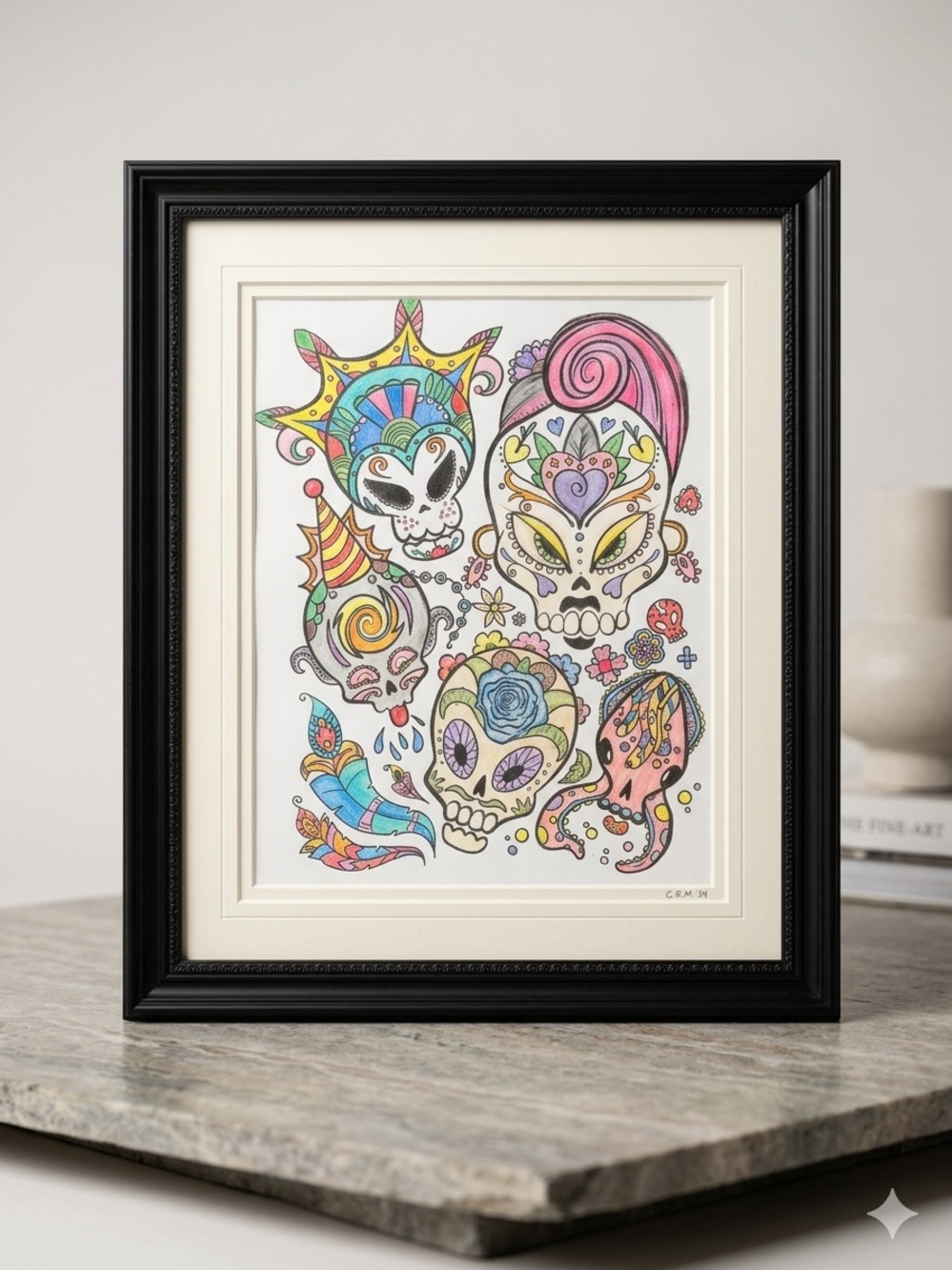 Framed Multicolor Sugar Skull Wall Art - Colorful Day of the Dead Print